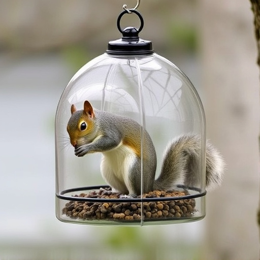 Dome-covered feeder deterring grey squirrel