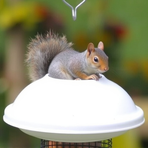 Dome-covered feeder deterring grey squirrel