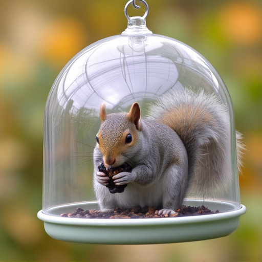 Dome-covered feeder deterring grey squirrel