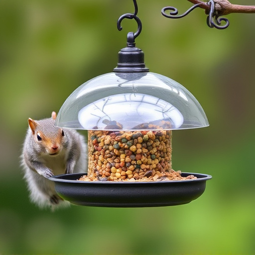 Dome-covered feeder deterring grey squirrel