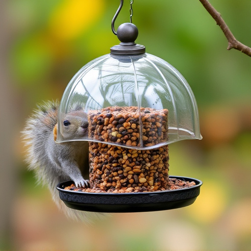 Dome-covered feeder deterring grey squirrel