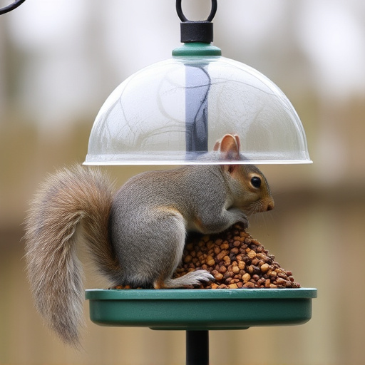 Dome-covered feeder deterring grey squirrel
