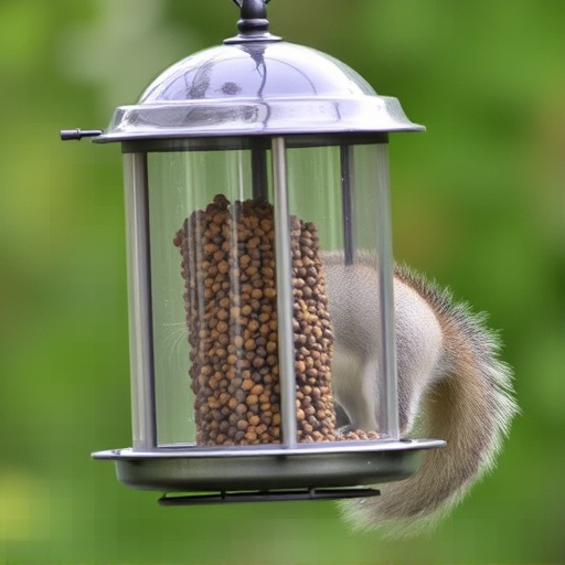Dome-covered feeder deterring grey squirrel