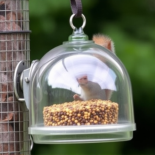Dome-covered feeder deterring grey squirrel