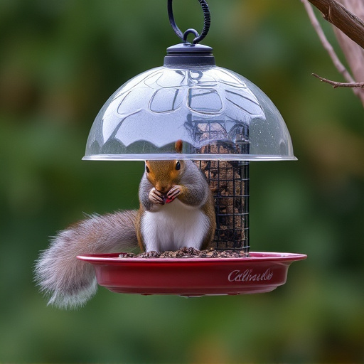 Dome-covered feeder deterring grey squirrel