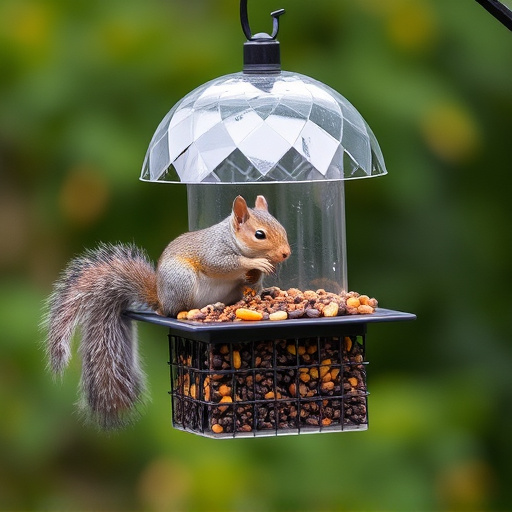Dome-covered feeder deterring grey squirrel