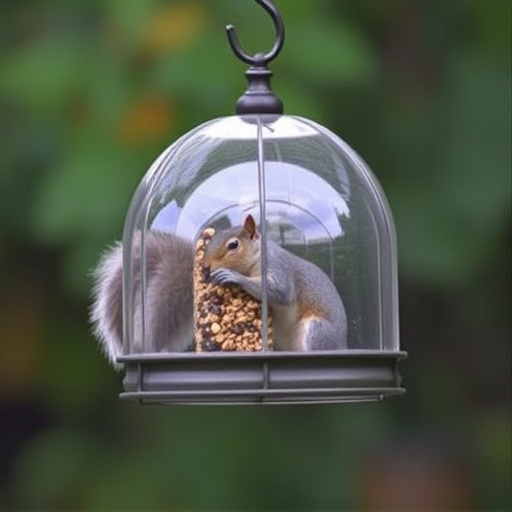 Dome-covered feeder deterring grey squirrel