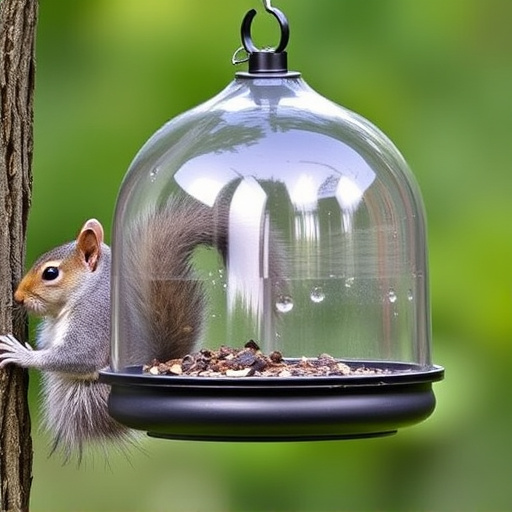 Dome-covered feeder deterring grey squirrel