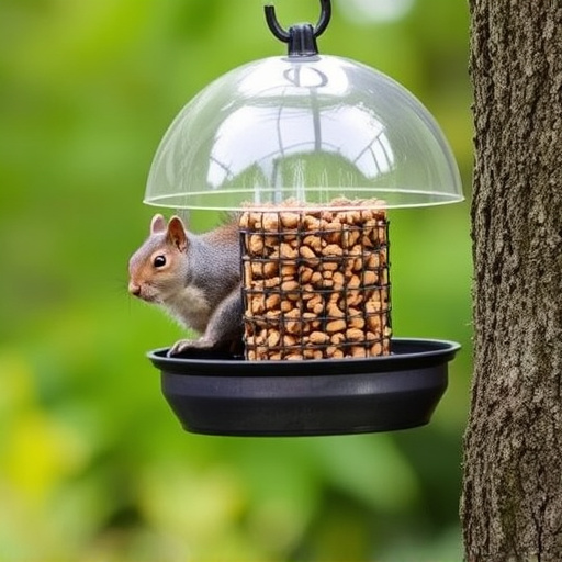 Dome-covered feeder deterring grey squirrel