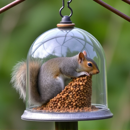 Dome-covered feeder deterring grey squirrel