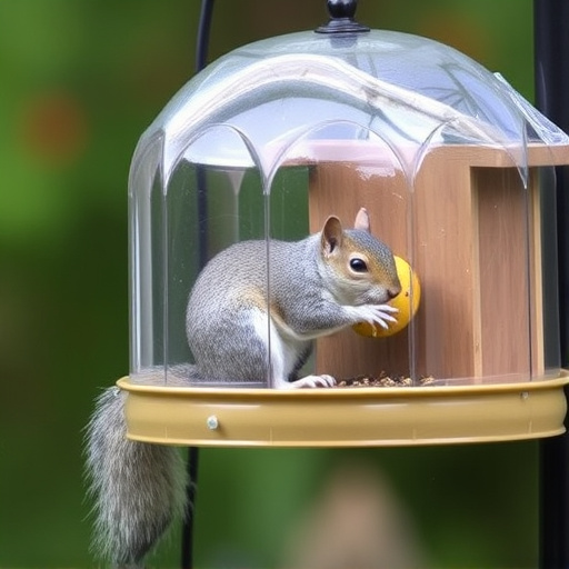 Dome-covered feeder deterring grey squirrel