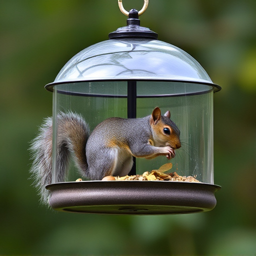 Dome-covered feeder deterring grey squirrel