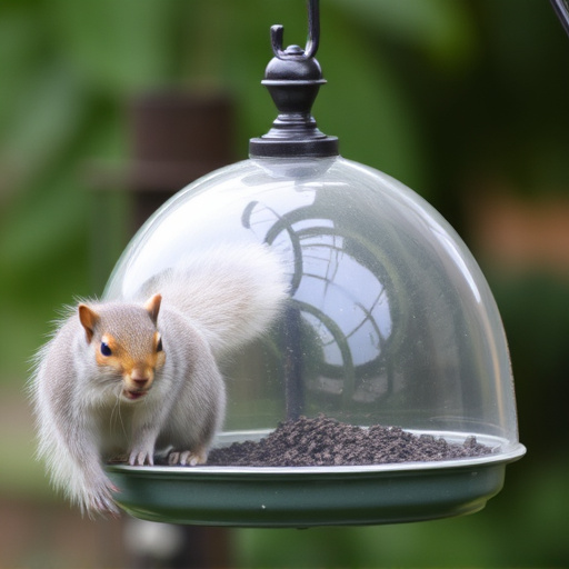 Dome-covered feeder deterring grey squirrel