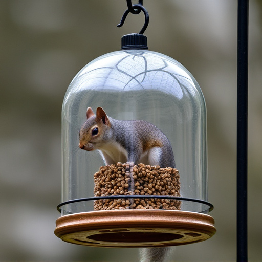 Dome-covered feeder deterring grey squirrel