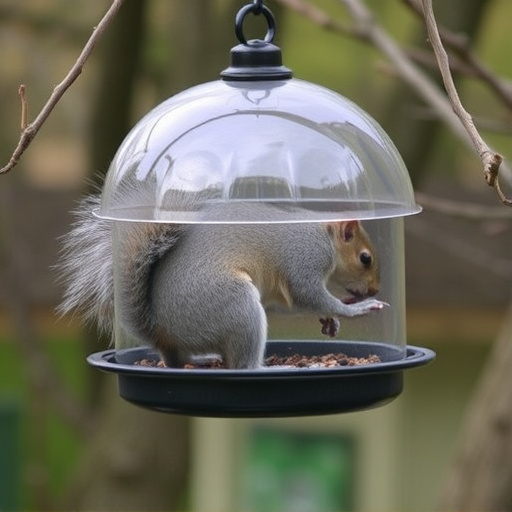 Dome-covered feeder deterring grey squirrel