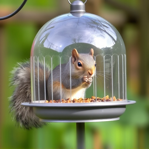 Dome-covered feeder deterring grey squirrel