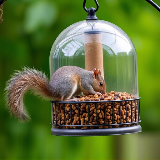 Dome-covered feeder deterring grey squirrel
