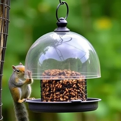 Dome-covered feeder deterring grey squirrel