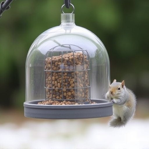 Dome-covered feeder deterring grey squirrel
