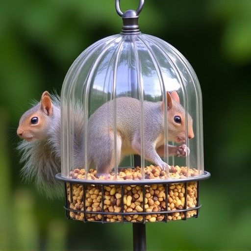 Dome-covered feeder deterring grey squirrel