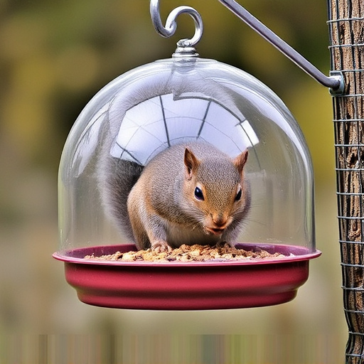 Dome-covered feeder deterring grey squirrel