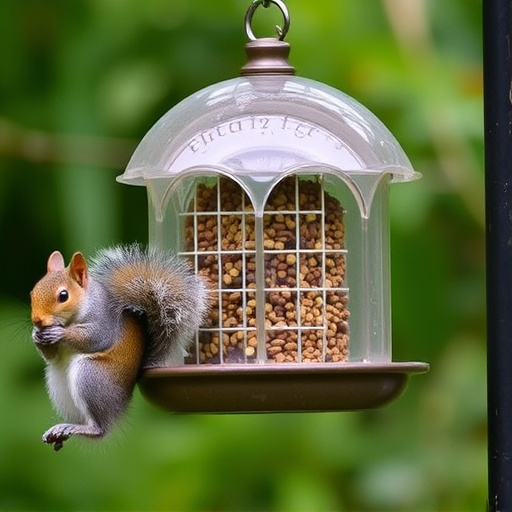 Dome-covered feeder deterring grey squirrel