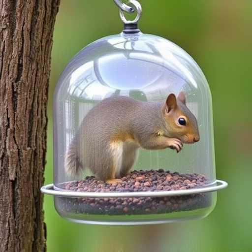 Dome-covered feeder deterring grey squirrel