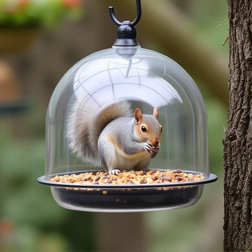 Dome-covered feeder deterring grey squirrel