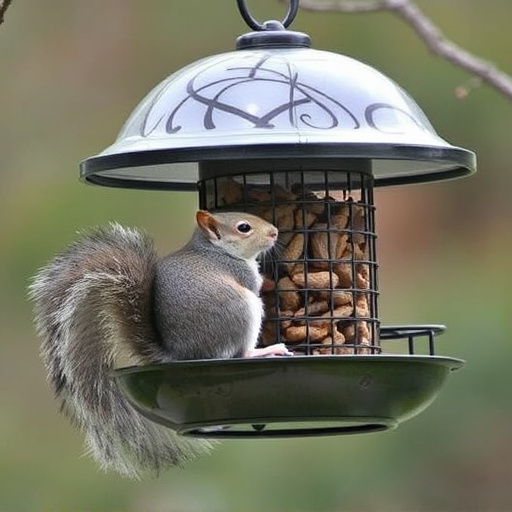 Dome-covered feeder deterring grey squirrel
