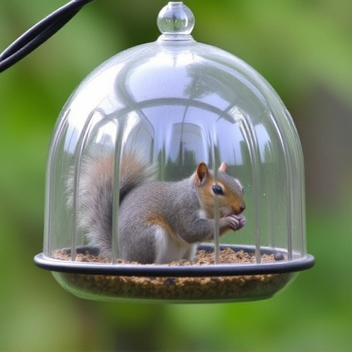 Dome-covered feeder deterring grey squirrel