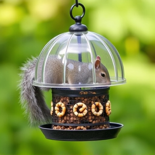 Dome-covered feeder deterring grey squirrel