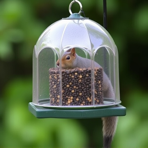 Dome-covered feeder deterring grey squirrel