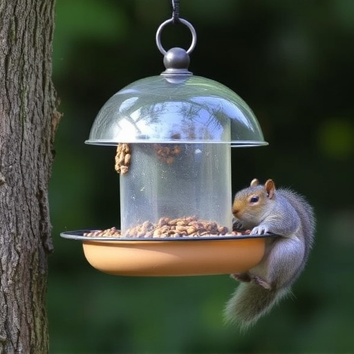 Dome-covered feeder deterring grey squirrel