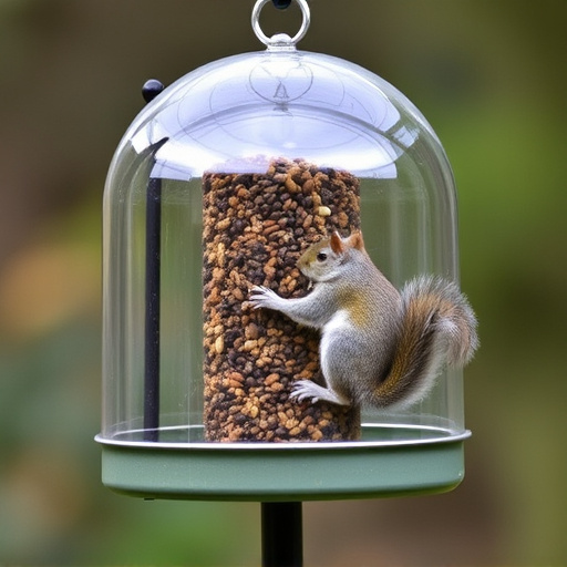Dome-covered feeder deterring grey squirrel
