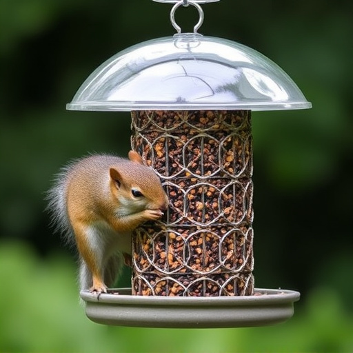 Dome-covered feeder deterring grey squirrel