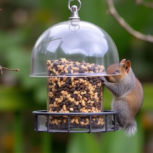 Dome-covered feeder deterring grey squirrel