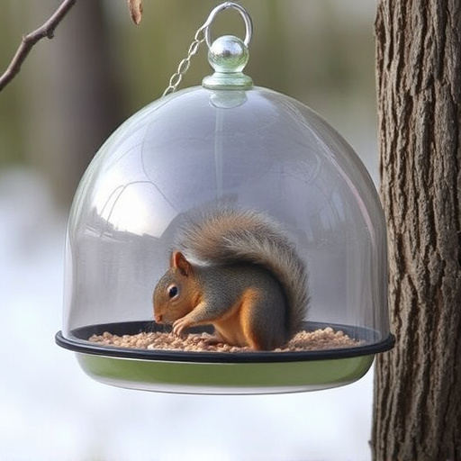Dome-covered feeder deterring grey squirrel