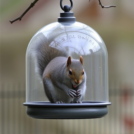 Dome-covered feeder deterring grey squirrel