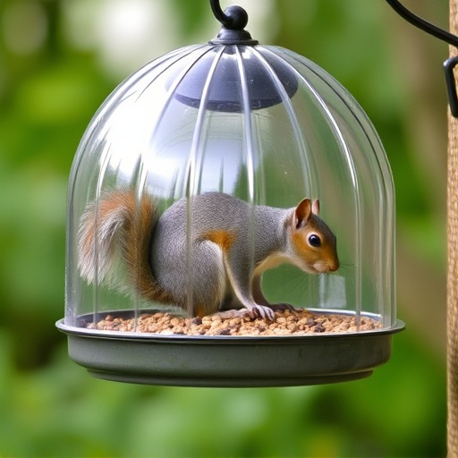 Dome-covered feeder deterring grey squirrel
