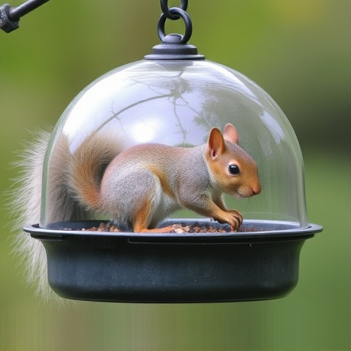 Dome-covered feeder deterring grey squirrel