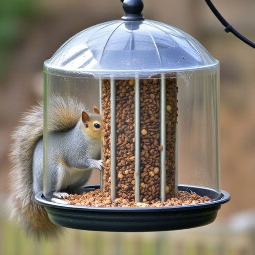 Dome-covered feeder deterring grey squirrel