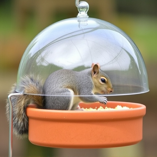 Dome-covered feeder deterring grey squirrel