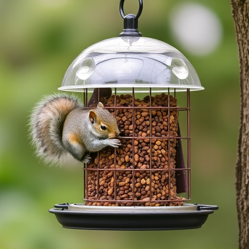 Dome-covered feeder deterring grey squirrel