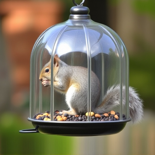 Dome-covered feeder deterring grey squirrel
