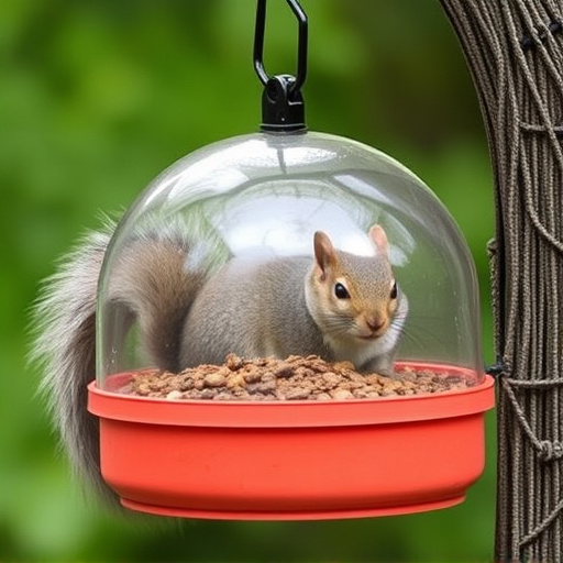 Dome-covered feeder deterring grey squirrel