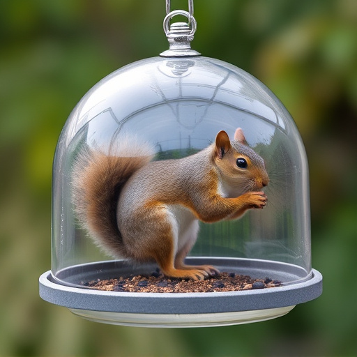 Dome-covered feeder deterring grey squirrel