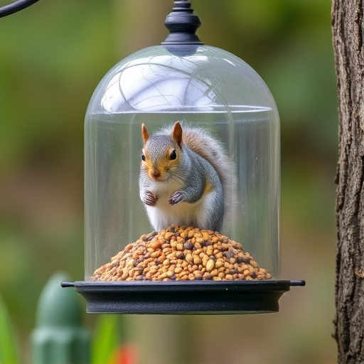 Dome-covered feeder deterring grey squirrel