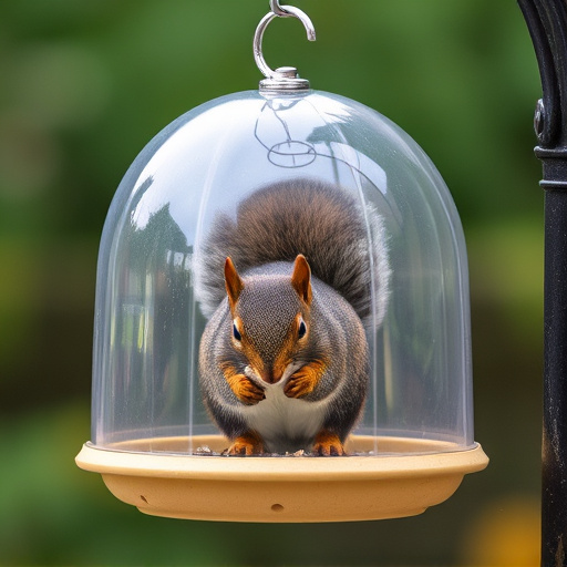 Dome-covered feeder deterring grey squirrel