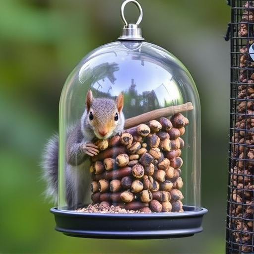 Dome-covered feeder deterring grey squirrel