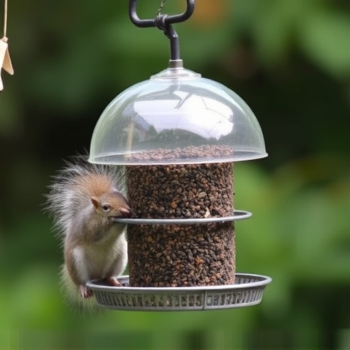 Dome-covered feeder deterring grey squirrel
